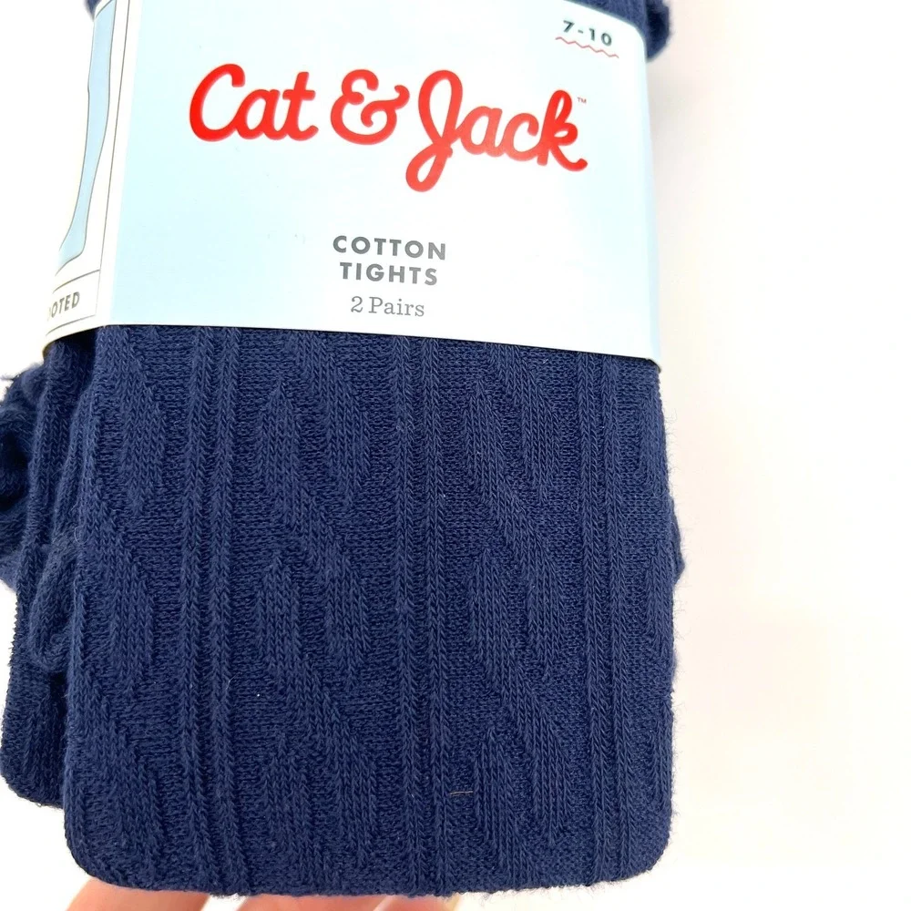 NEW Cat & Jack 2pk navy blue cotton cable knit uniform footed tights girls 7-10
